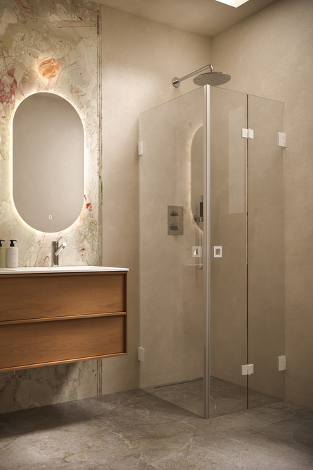 Shower enclosure with a hinged door and a folding door Vetro 544 (512x513)