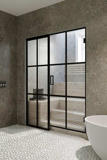 Bastu glass wall with fixed panel on handle side Bläk 678 Paris