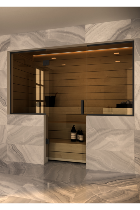 Sauna glass wall with window on handle side and hinge side Vetro S49