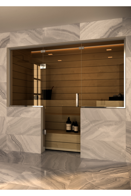 Sauna glass wall with window on handle side and hinge side and above door Vetro S51