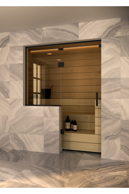 Sauna glass wall with window on hinge side and above door Vetro S55