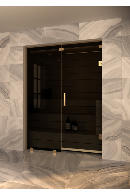 Sauna glass wall with fixed panel on handle side and window above door Vetro S56