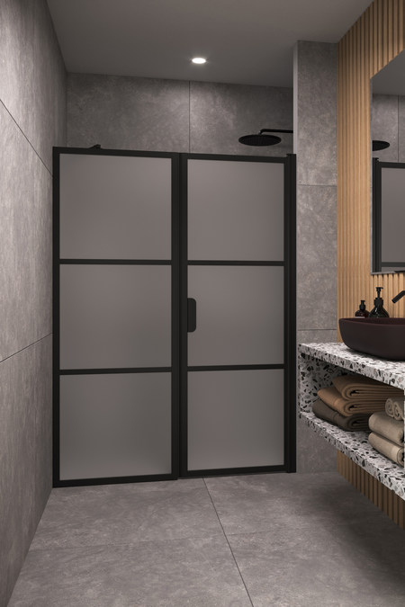 Alcove fitting with a fixed wall and hinged door Bläk 745 Tokyo