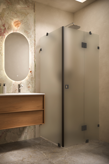 Shower enclosure with a fixed wall and a hinged door with a fixed part Vetro 542 (511x514)