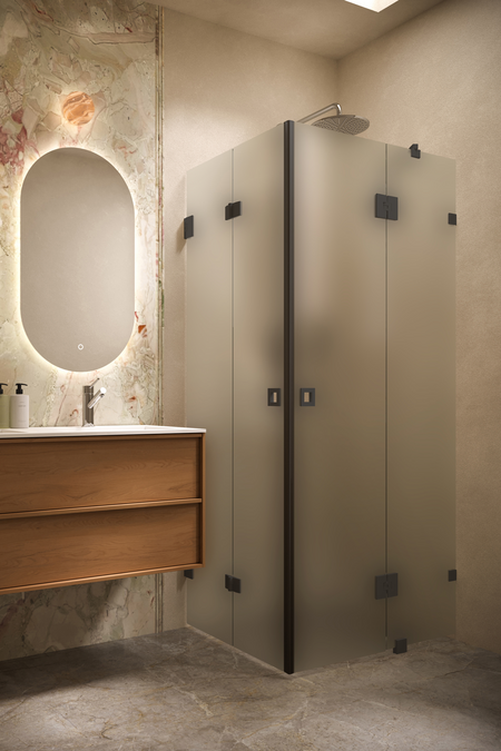 Shower enclosure with a folding door and a hinged door with a fixed part Vetro 547 (513x514)